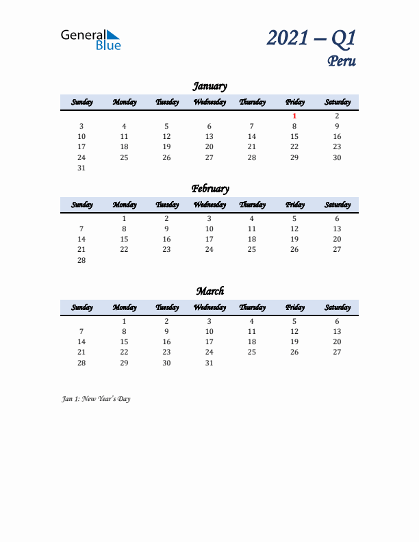 January, February, and March Calendar for Peru with Sunday Start