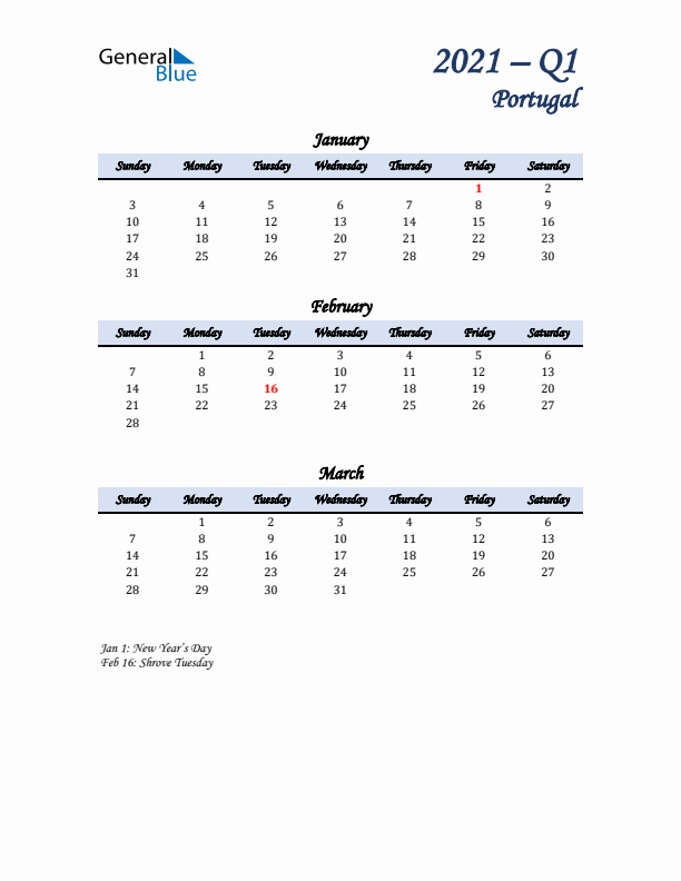 January, February, and March Calendar for Portugal with Sunday Start