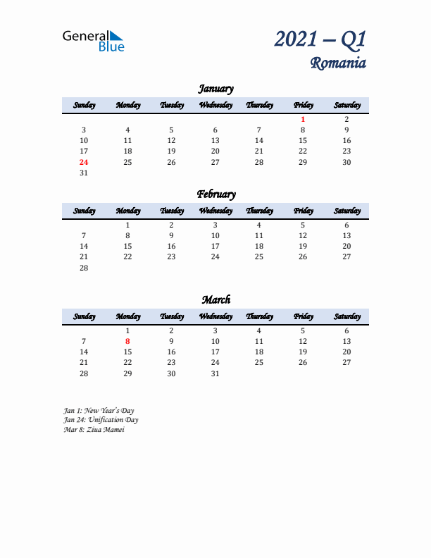 January, February, and March Calendar for Romania with Sunday Start