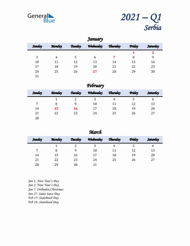 January, February, and March Calendar for Serbia with Sunday Start