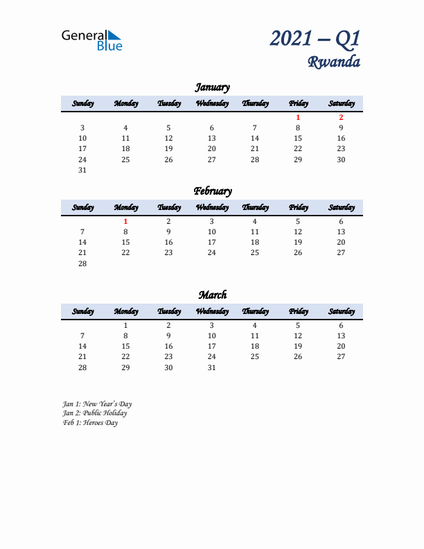 January, February, and March Calendar for Rwanda with Sunday Start