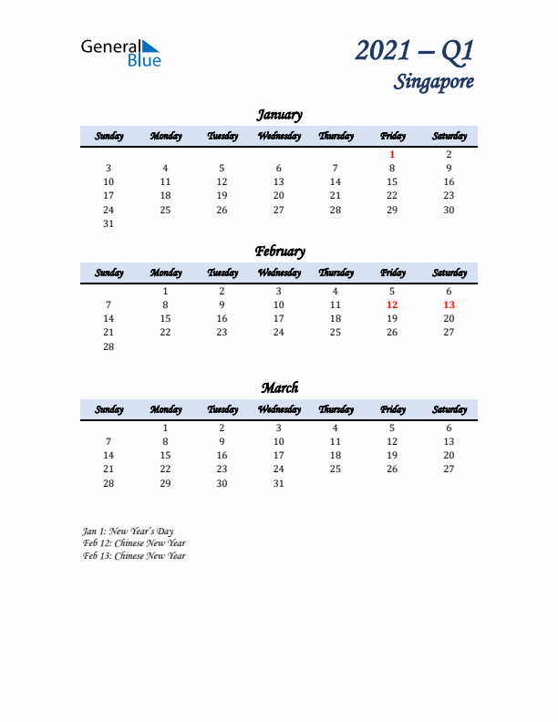 January, February, and March Calendar for Singapore with Sunday Start