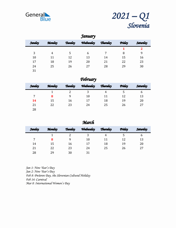 January, February, and March Calendar for Slovenia with Sunday Start