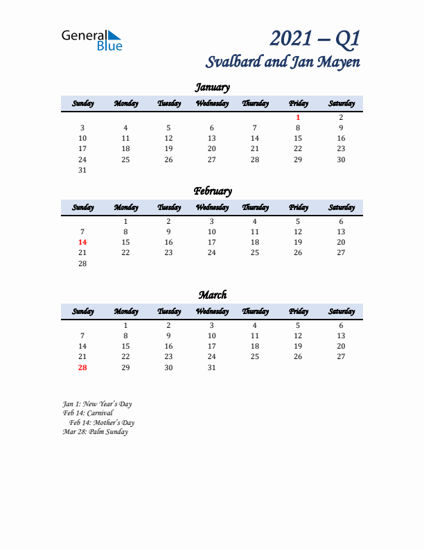 January, February, and March Calendar for Svalbard and Jan Mayen with Sunday Start