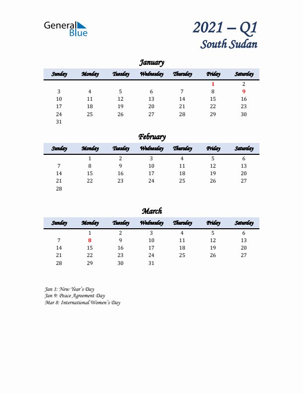 January, February, and March Calendar for South Sudan with Sunday Start