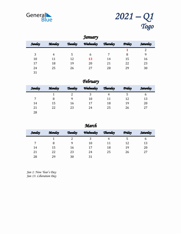 January, February, and March Calendar for Togo with Sunday Start