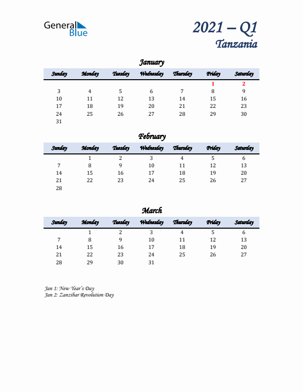 January, February, and March Calendar for Tanzania with Sunday Start