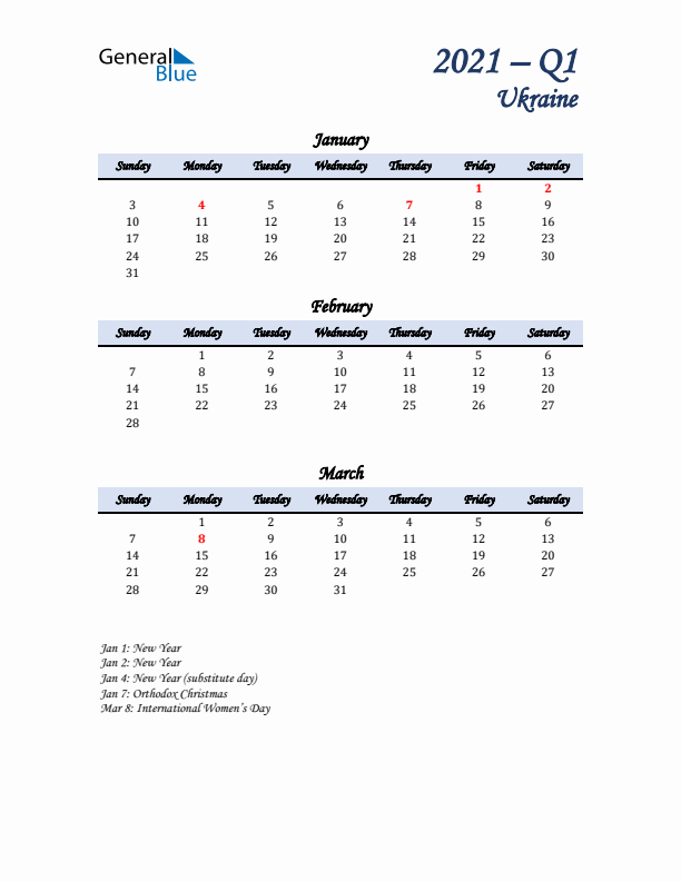 January, February, and March Calendar for Ukraine with Sunday Start