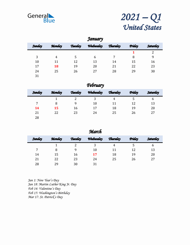 January, February, and March Calendar for United States with Sunday Start