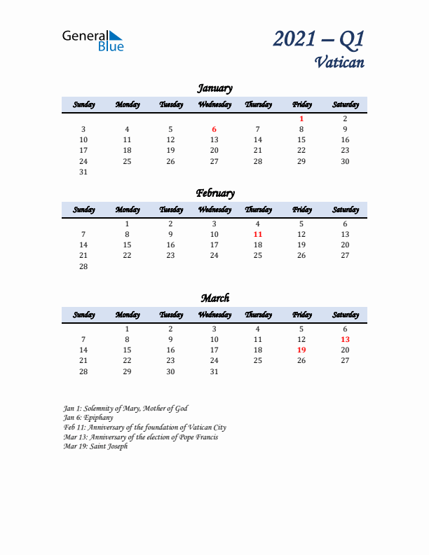 January, February, and March Calendar for Vatican with Sunday Start