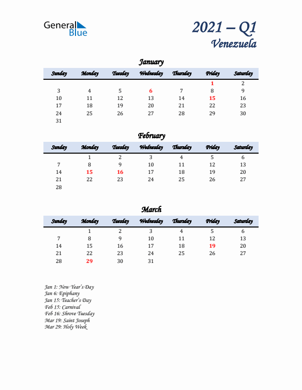 January, February, and March Calendar for Venezuela with Sunday Start