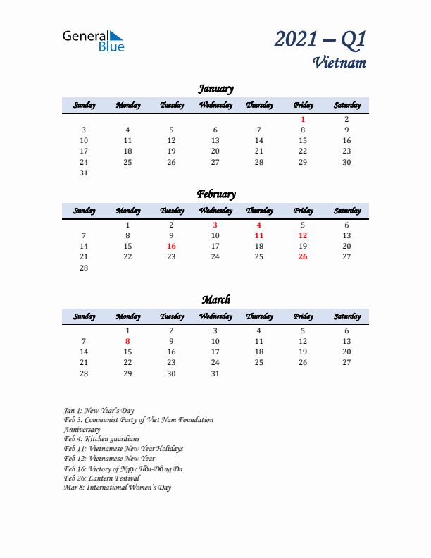 January, February, and March Calendar for Vietnam with Sunday Start