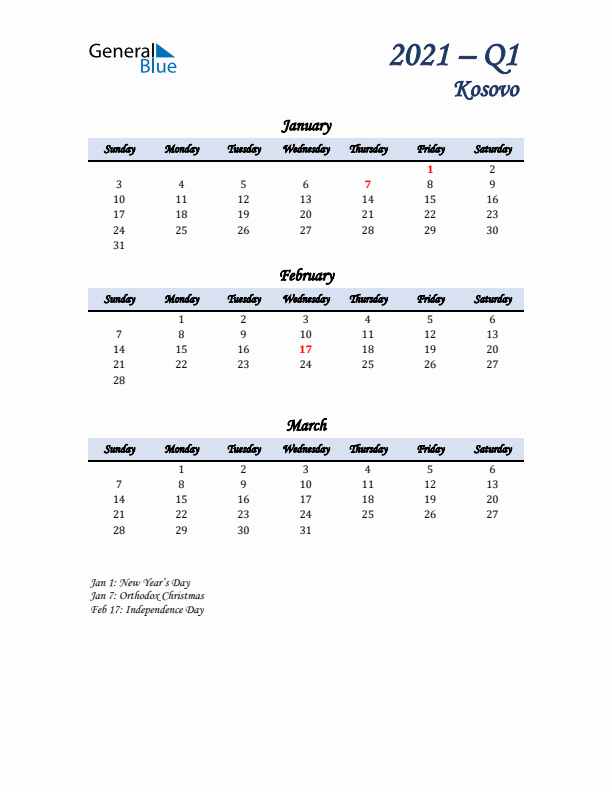 January, February, and March Calendar for Kosovo with Sunday Start