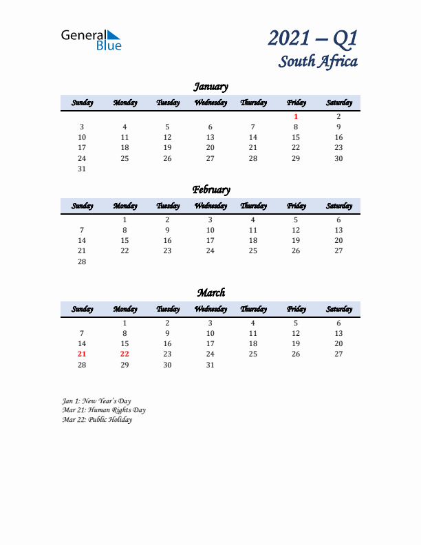 January, February, and March Calendar for South Africa with Sunday Start