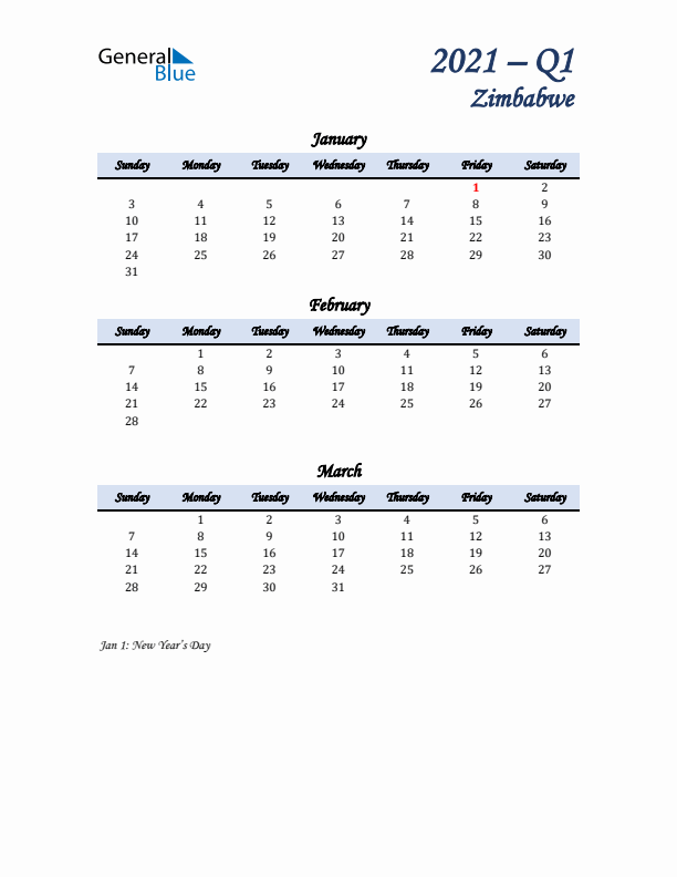 January, February, and March Calendar for Zimbabwe with Sunday Start