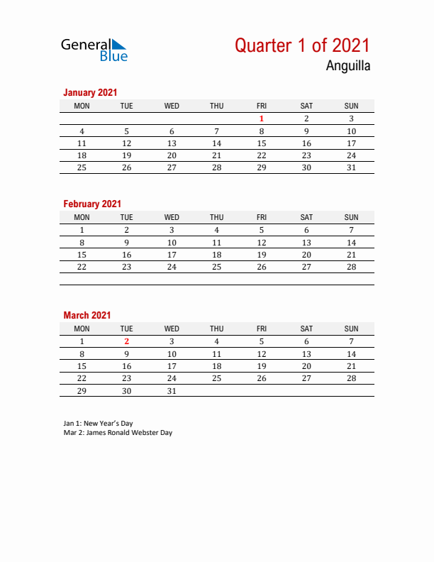 Printable Three Month Calendar with Anguilla Holidays