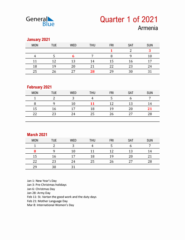 Printable Three Month Calendar with Armenia Holidays