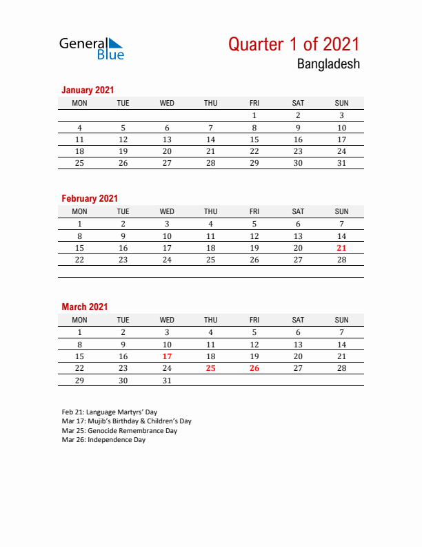 Printable Three Month Calendar with Bangladesh Holidays