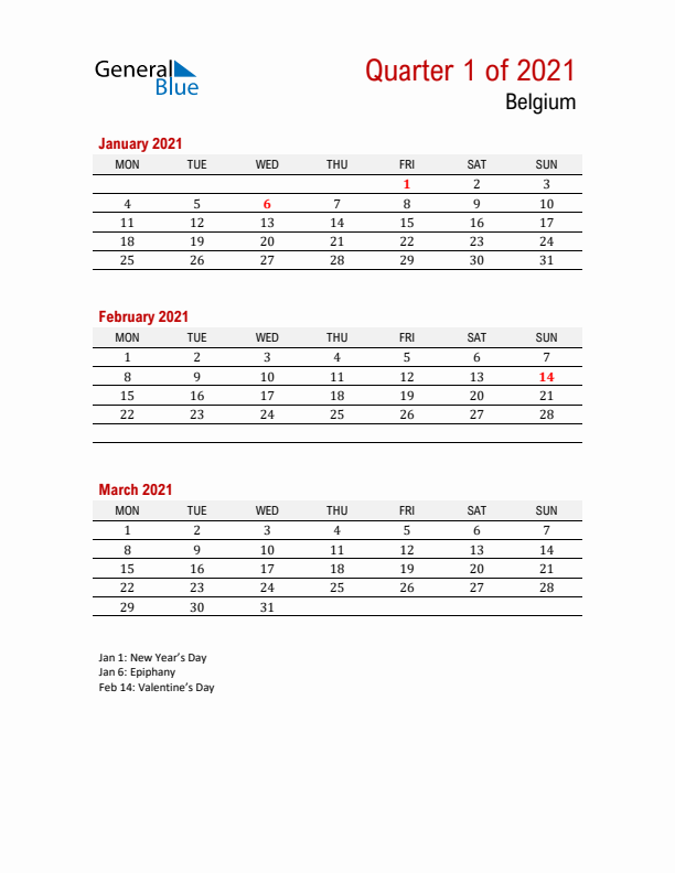 Printable Three Month Calendar with Belgium Holidays