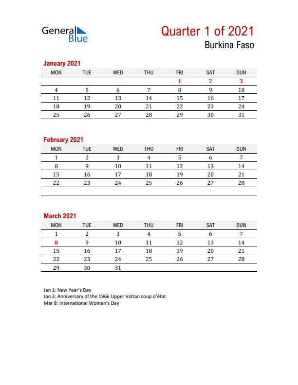 Printable Three Month Calendar with Burkina Faso Holidays