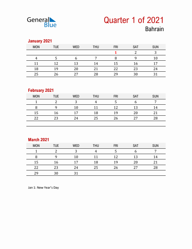 Printable Three Month Calendar with Bahrain Holidays