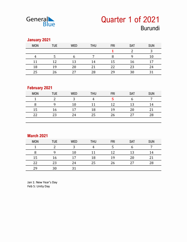 Printable Three Month Calendar with Burundi Holidays