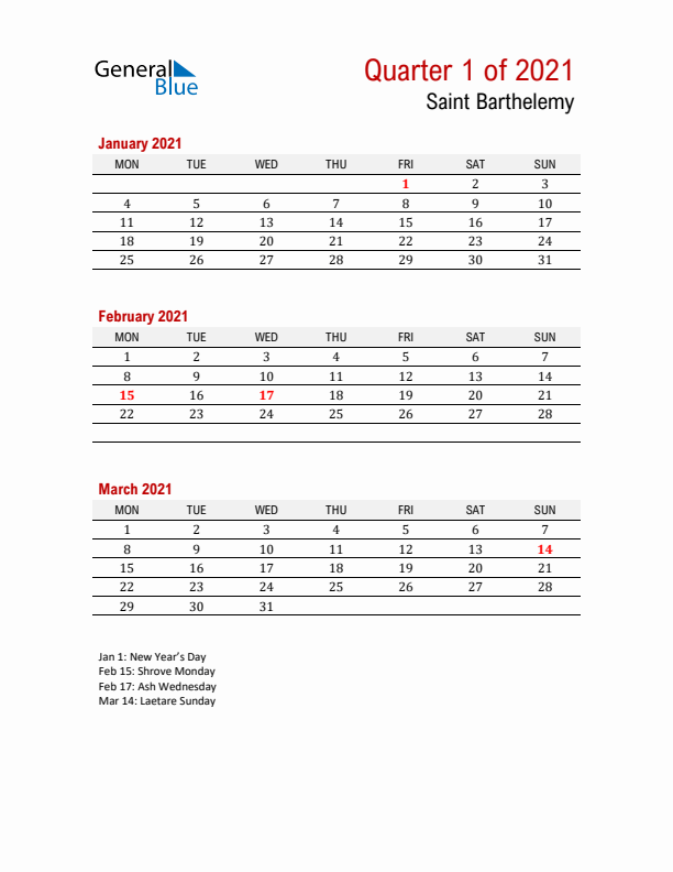 Printable Three Month Calendar with Saint Barthelemy Holidays