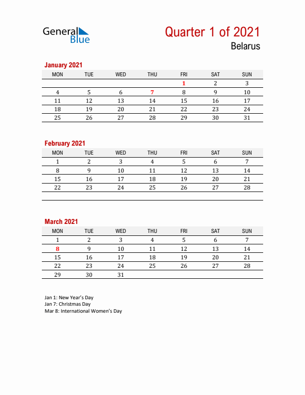 Printable Three Month Calendar with Belarus Holidays