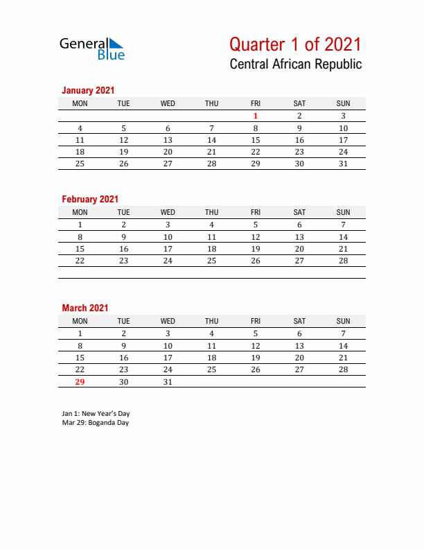 Printable Three Month Calendar with Central African Republic Holidays