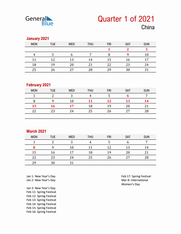 Printable Three Month Calendar with China Holidays