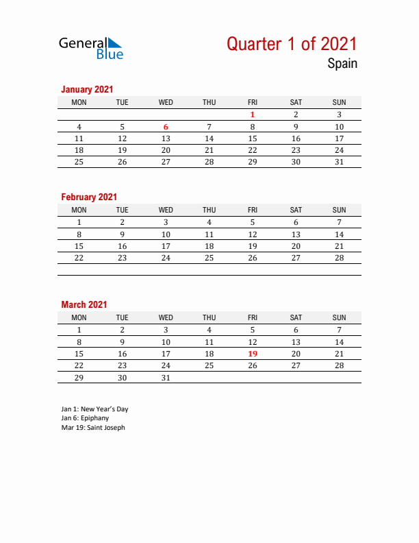 Printable Three Month Calendar with Spain Holidays