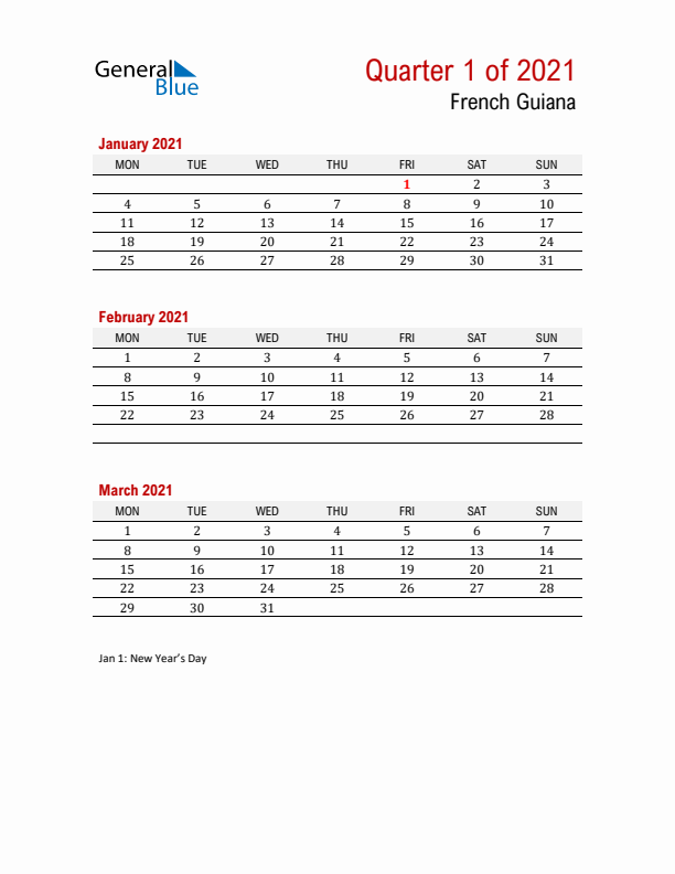 Printable Three Month Calendar with French Guiana Holidays