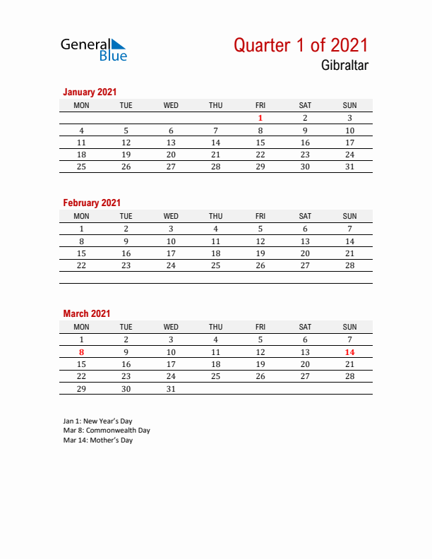 Printable Three Month Calendar with Gibraltar Holidays