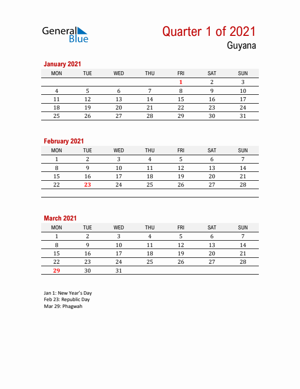 Printable Three Month Calendar with Guyana Holidays