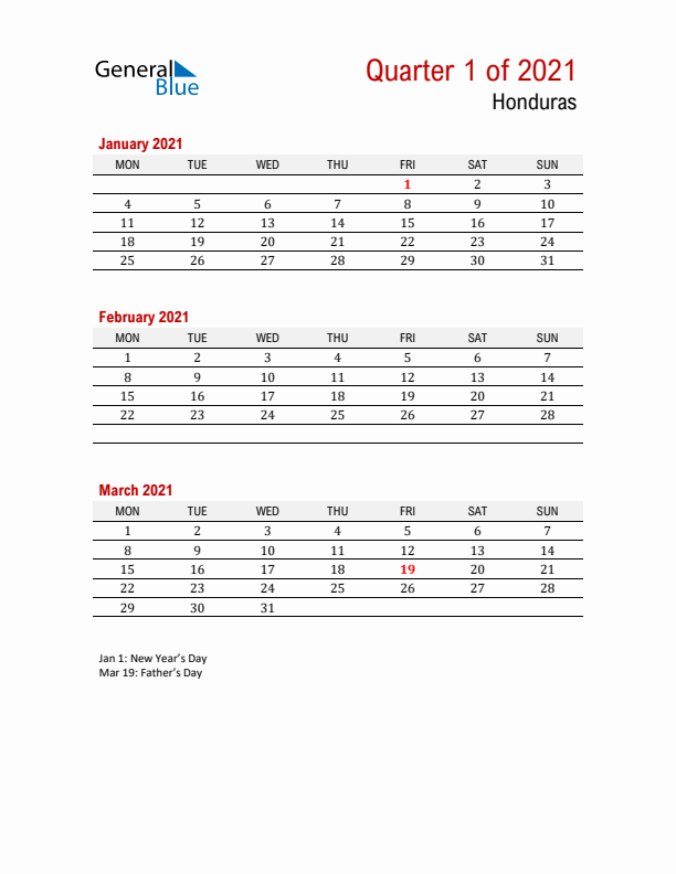 Printable Three Month Calendar with Honduras Holidays