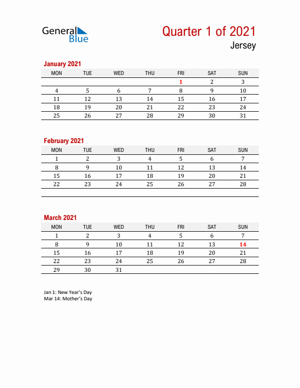 Printable Three Month Calendar with Jersey Holidays