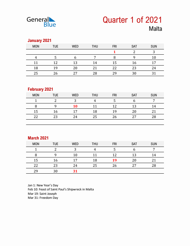 Printable Three Month Calendar with Malta Holidays