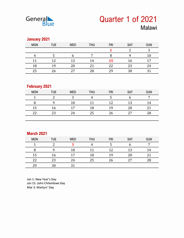 Printable Three Month Calendar with Malawi Holidays