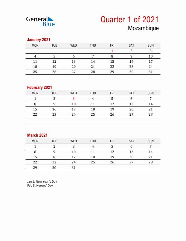 Printable Three Month Calendar with Mozambique Holidays