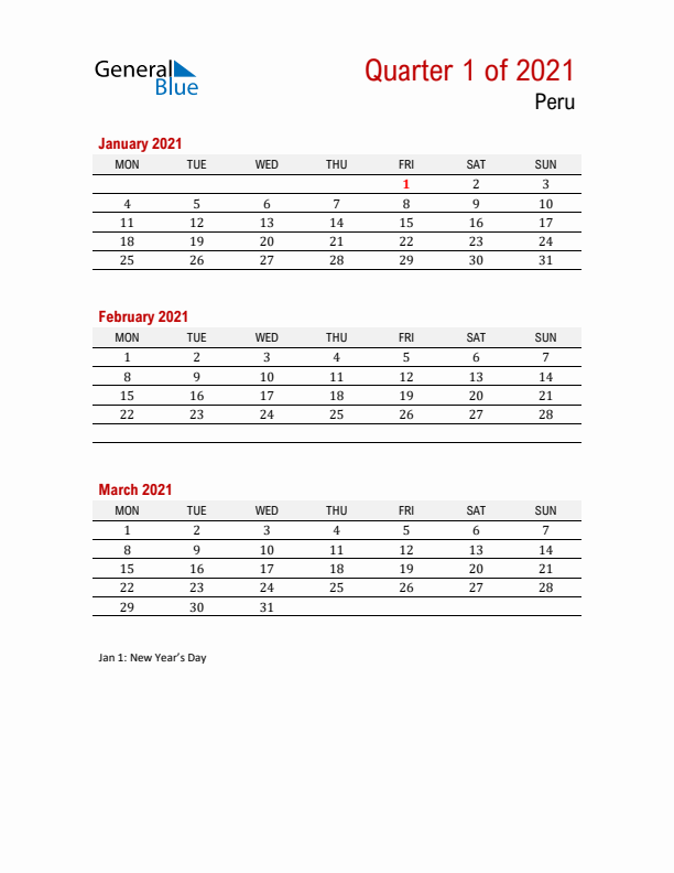 Printable Three Month Calendar with Peru Holidays