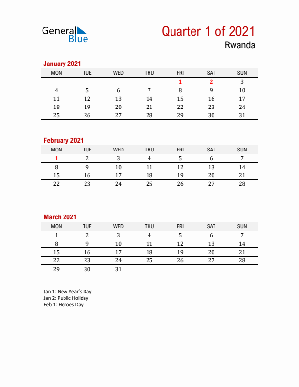 Printable Three Month Calendar with Rwanda Holidays