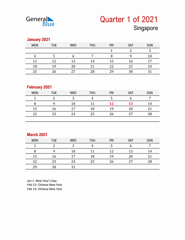 Printable Three Month Calendar with Singapore Holidays