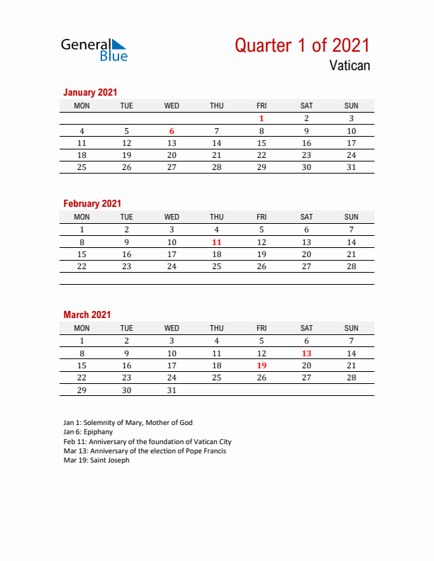 Printable Three Month Calendar with Vatican Holidays