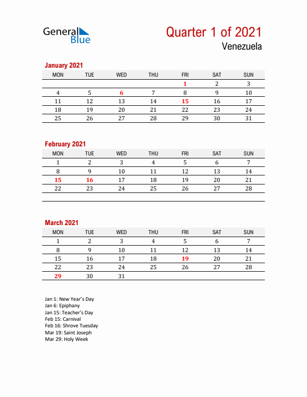 Printable Three Month Calendar with Venezuela Holidays