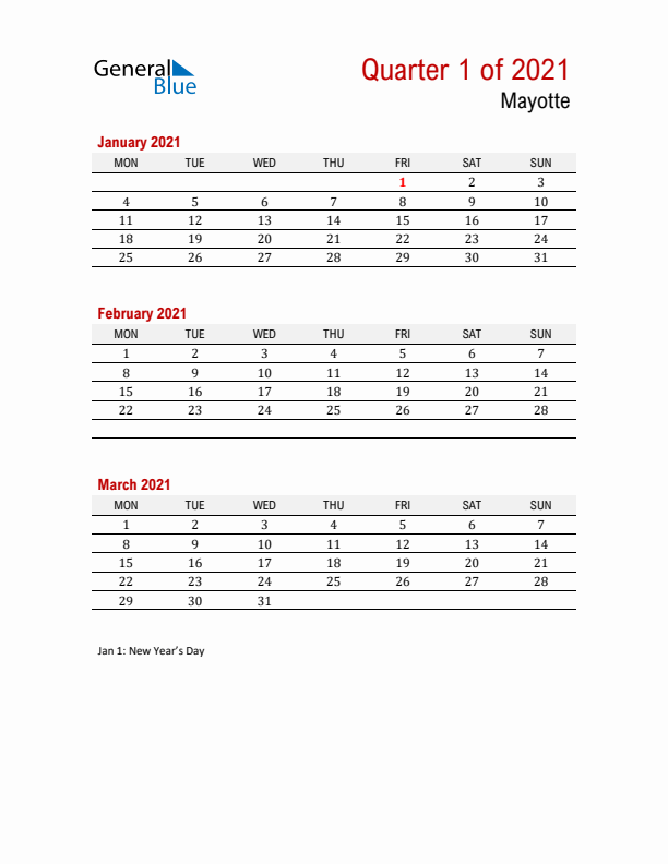 Printable Three Month Calendar with Mayotte Holidays