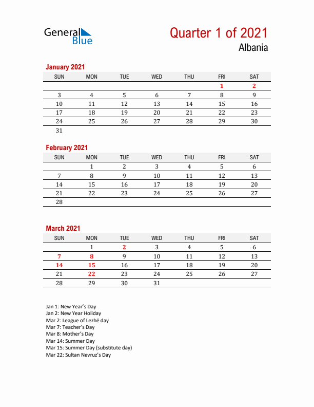 Printable Three Month Calendar with Albania Holidays