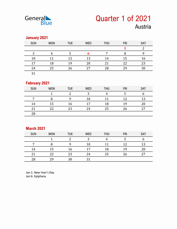 Printable Three Month Calendar with Austria Holidays