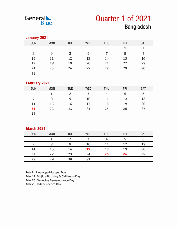 Printable Three Month Calendar with Bangladesh Holidays