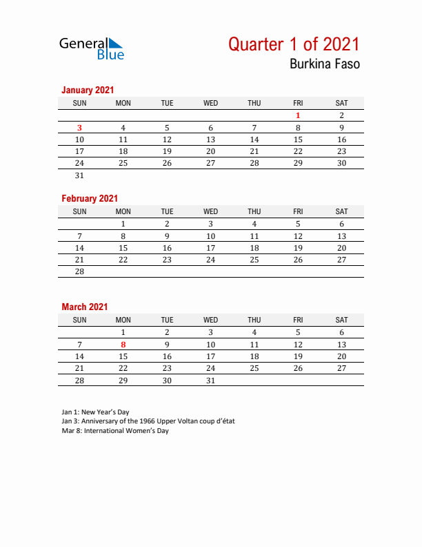 Printable Three Month Calendar with Burkina Faso Holidays