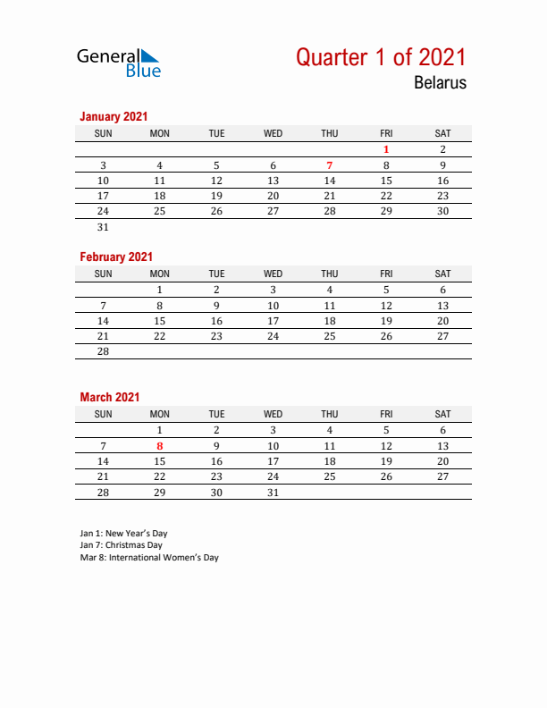 Printable Three Month Calendar with Belarus Holidays